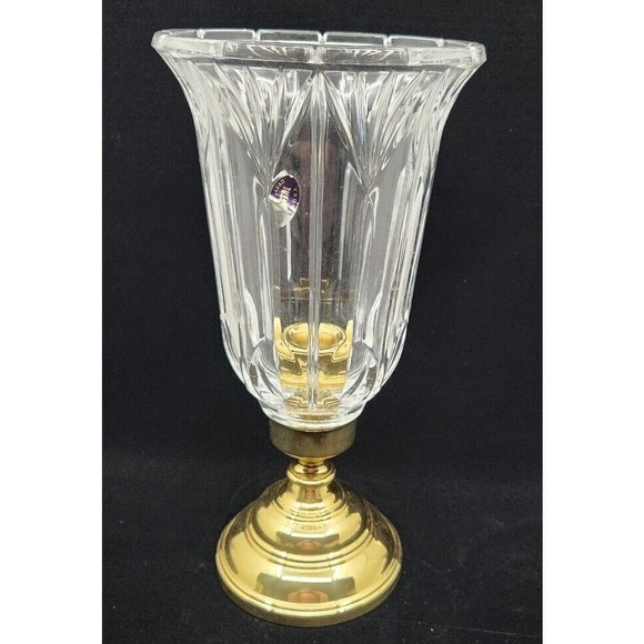 Vtg 24% Lead Crystal Hurricane Candle Holder Lamp Gold Tone Base 12" - Picture 12 of 12